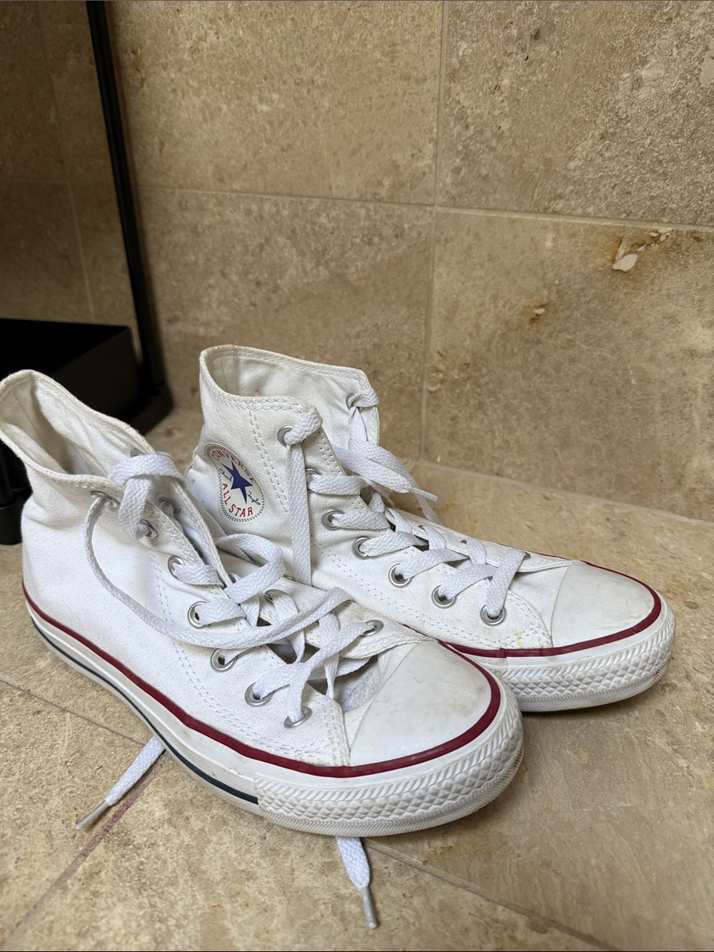 Converse White High Top Sneakers with Red Stripe